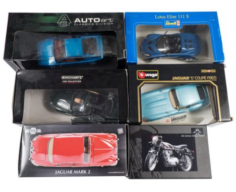 Revell, Minichamps, Burago, six 1/18th and 1/12th scale saloon cars and motorbike: includes Lotus Elise 111S, Jaguar E Type C