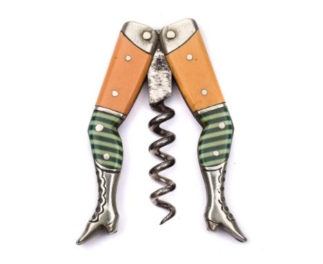 A German novelty 'Lady's Legs' folding corkscrew:, with flesh coloured thighs and green banded knee length stockings, 7cm lon