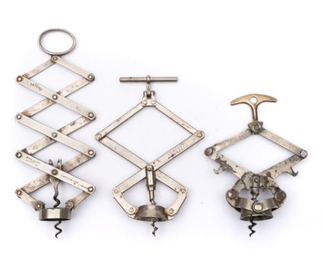 A nickel plated Wier's patent lazy tongs corkscrew by James Heeley & Sons:, together with two other lazy tongs pattern corksc