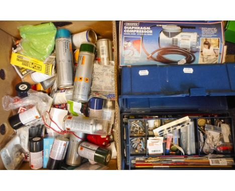 A collection of model makers' tools, paints and accessories: including Draper air compressor, numerous Tamiya cans of spray p