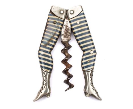 A German novelty 'Lady's Legs' folding corkscrew:, with blue and white striped full length stockings, 6.8cm long 