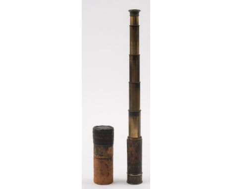 A 19th century brass pocket telescope, of six draws by J Steward, London:, with leather covered main tube, shade and lens cap