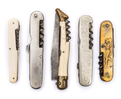 A Laguiole pocket knife with corkscrew:, together with a group of four other pocket knife/corkscrew combinations, including a