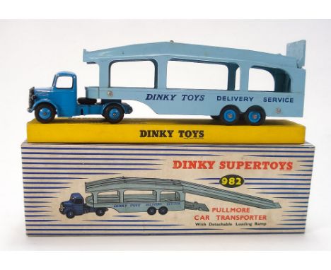 Dinky No 982 Pullmore Car Transporter:, blue cab and light blue trailer with black treaded tyres, light blue ramp, in origina