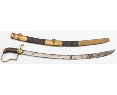 A 19th century British Light Cavalry sabre:, the curved single edge blade over a brass hilt with langets and single quillon s