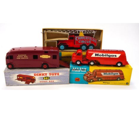Corgi No 1121 Chipperfields Circus crane truck, No 1110 Mobil Gas Petrol Tanker and Dinky No 981 Horse Box,  all restored, al