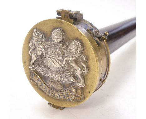 A stained hardwood walking stick: the pommel in the form of a compass with lift off lid bearing Manchester coat of arms, 93cm