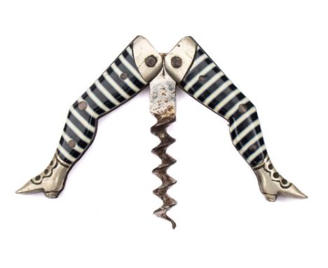 A German novelty 'Lady's Legs' folding corkscrew:, with blue and white striped full length stockings, 5cm long 