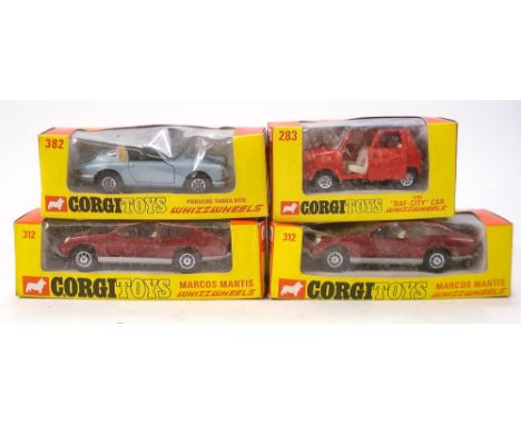 Corgi: a boxed group of four, No 382 Porsche Targa 911S, No 283 Osi 'Daf-City' car and two No312 Marcos Mantis, all in  cellu