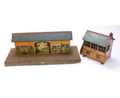 Hornby/Meccano an OO/HO scale tinplate lithograph 'Windsor' signal box and a platform:, (2)