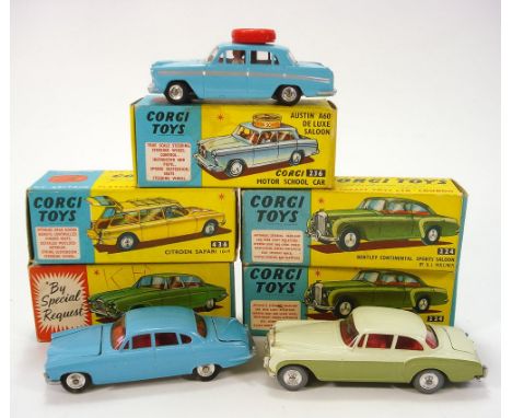 Corgi No 236 Austin A60 Motor School Car:, No 436 Citroen Safari, No 238 Jaguar Mark X and two No 224 Bentley Continental Spo