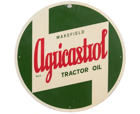 A 1960s circular aluminium Wakefield 'Agricastrol' Tractor oil advertising sign,: 60cm diameter.