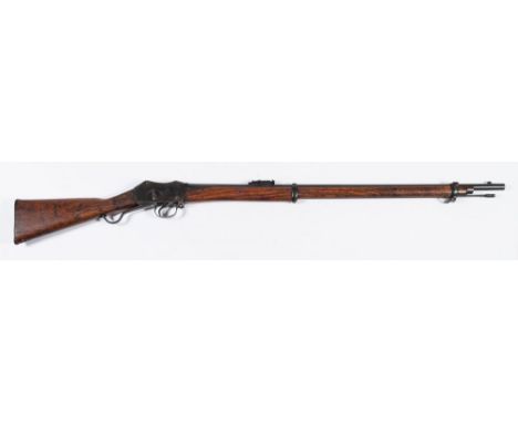 A Turkish contract 11.43 calibre Martini Henry action rifle:, the 32 1/2 inch barrel with fore sight and rear ladder sight, f