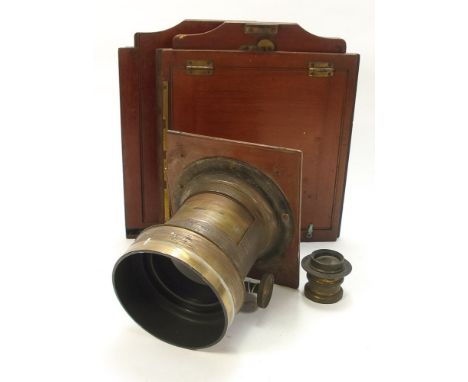 A Ross 'No 3 Cabinet'  3 1/2 inch brass cased lens number 53574,: together with two mahogany and brass plate holders and a co