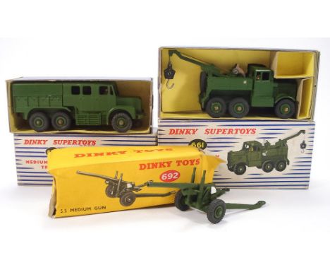Dinky Military group:, No 661 Scammell Recovery Tractor, No 689 Medium Artillery Tractor and No 692 5.5 Medium gun, all boxed