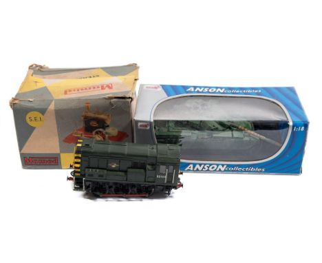 Mamod an S.E.I Stationary Steam Engine:, boxed, a model tank, and an O gauge 0-6-0 diesel shunter in BR green livery.