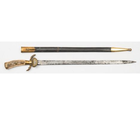 A 19th century German hunting sword:, the straight single edged blade with acid etched decoration over a reeded shell langet,