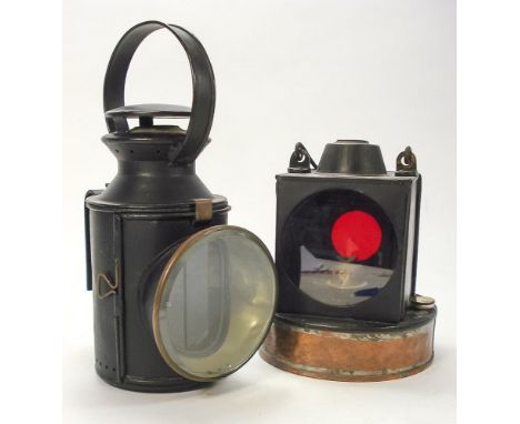 An LMS signal lamp with coloured glass shades:, together with a GWR lamp stamped 'Reading' (2)