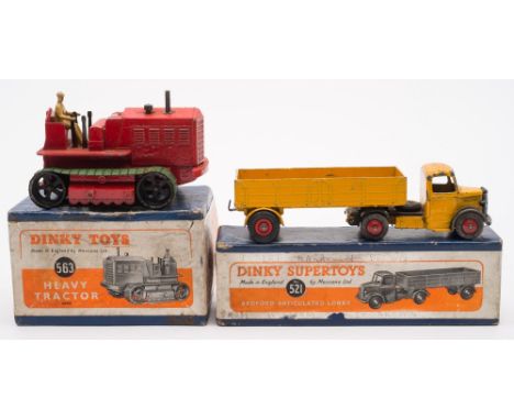 Dinky 521 Bedford Articulated lorry in yellow, together with 563 Heavy Tractor in red:, both boxed, (playworn)