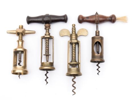 A 19th century brass Farrow & Jackson type corkscrew:, unsigned, together with three later brass frame corkscrews (4).