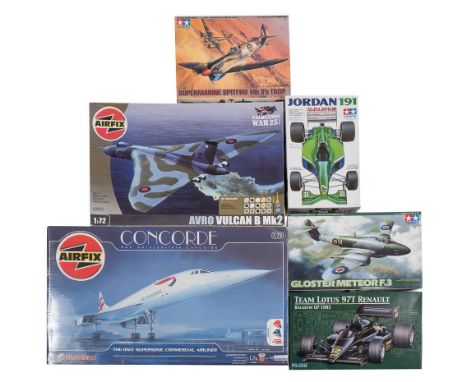 Tamiya and Airfix,: a collection of plastic construction kits includes Jordan 191, team Lotus 97T, Gloster meteor F,3, Superm