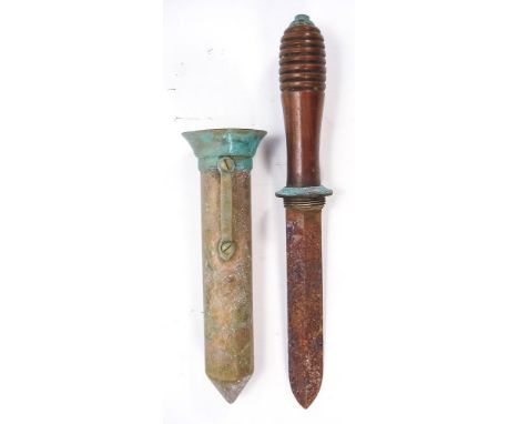 A Siebe Gorman diver's knife:, the double sided blade with threaded brass hilt and turned wooden handle, in a cylindrical sca