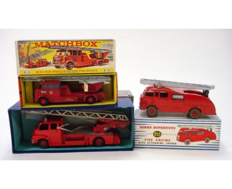 Dinky No 955 Fire Engine with extending Ladder: No 956 Turntable Fire Escape and Matchbox K-15 Merryweather Fire Engine, all 