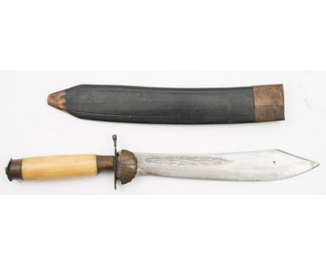 An early 20th century Continental hunting knife:, the single edge clipped back Bowie style blade with engraved decoration and