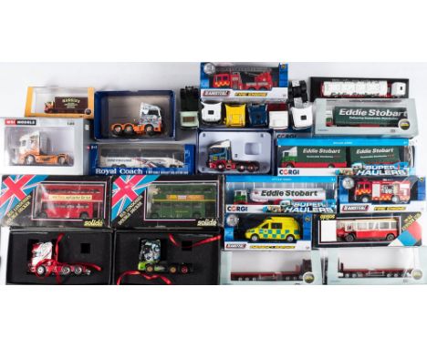 WSI, Solido, Corgi and others, a collection of assorted haulage trucks in various liveries, fire engines, passenger coaches, 