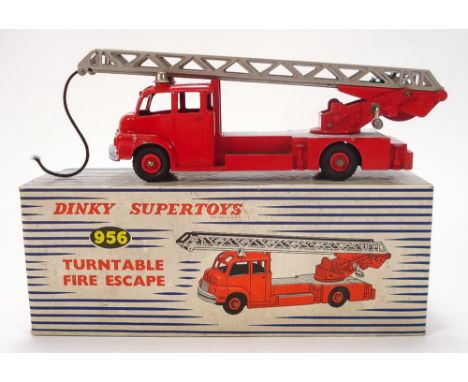 Dinky No 956 Turntable Fire Escape:, red with silver platform, black treaded tyres, in a blue and white striped box with inne