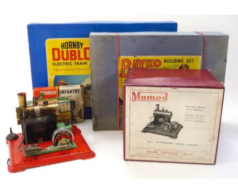 A Mamod SE1 Stationary Steam Engine:, together with a Hornby Duplo EDP Passenger Train set, a No2 Bayko Building set, a part 