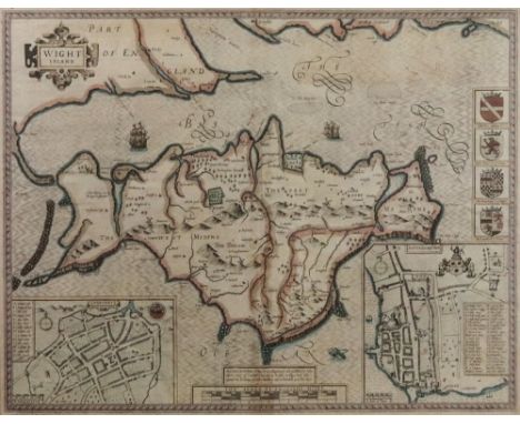 John Speed, Wight Island, hand coloured engraved map of the Isle of Wight, with inset plans of Newport and Southampton, with 