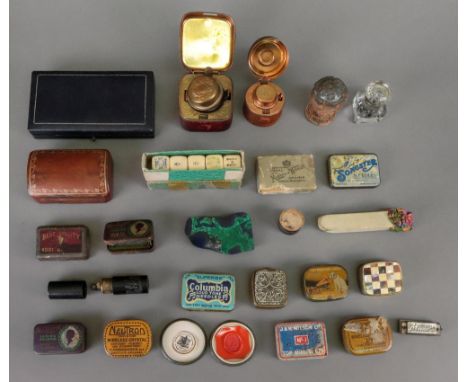 Two late Victorian leather covered travelling inkwells, block glass inkwell, tins, boxes, seal impression and other items (qt