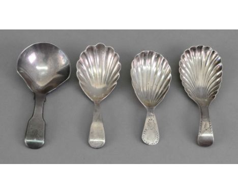 A George III silver bright cut engraved caddy spoon, London 1790, with shell bowl, 7.7cm, another similar, Thomas Willmore, B