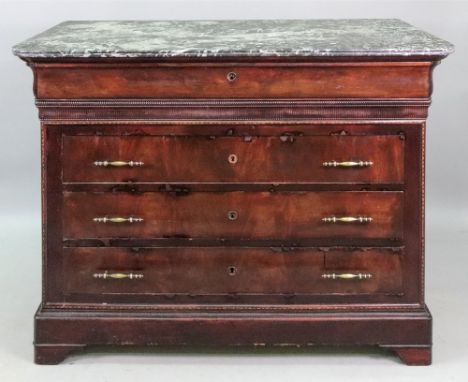 A French mahogany commode, 19th century, the grey veined marble top above a cushion frieze drawer with three long drawers bel