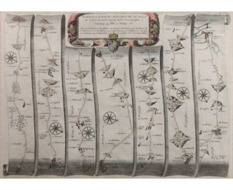 John Ogilby, The Road from London to Weymouth, com Dorset, hand coloured engraved strip map, map 35 x 49cm, mounted and frame