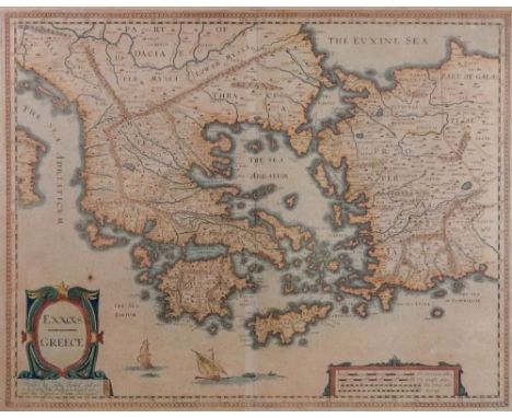 John Speed, Greece, hand coloured engraved map, 42 x 53cm, framed.
