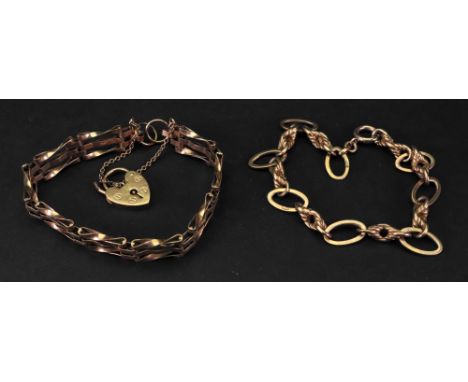 A 9ct gold gate-link bracelet, fastened with a heart shaped locket, and safety chain; and a 9ct gold bracelet of fancy-link d
