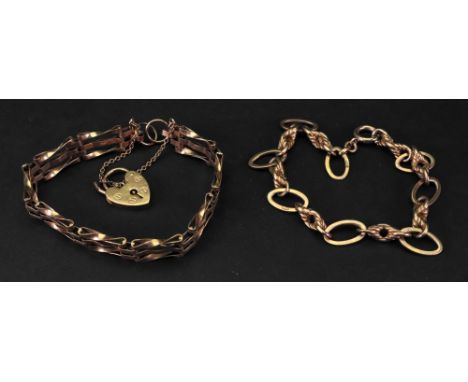 A 9ct gold gate-link bracelet, fastened with a heart shaped locket, and safety chain; and a 9ct gold bracelet of fancy-link d