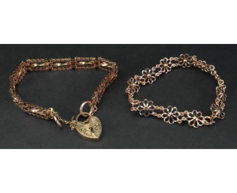 A 9ct gold fancy gate-link bracelet, fastened with a heart shaped locket, and safety chain; and a 9ct gold bracelet of fancy 