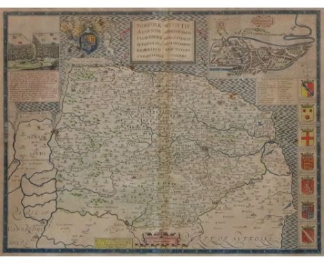 Christopher Saxton and John Speed, Norfolk, hand coloured engraved map, with a plan of Norwiche, 39 x 51cm, framed.