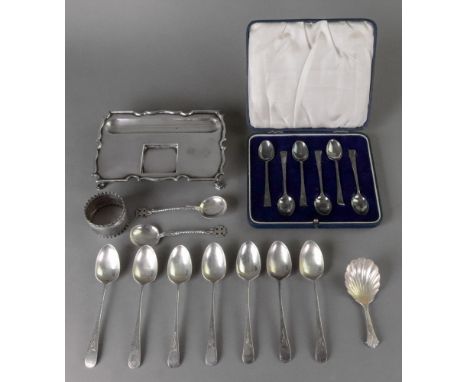 A set of seven Victorian silver bright cut engraved teaspoons, Martin Hall &amp; Co, Sheffield 1865, cased set of six silver 