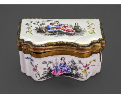 An enamel gilt metal mounted rectangular snuff box, late 18th century, of serpentine outline, the hinged cover and sides pain