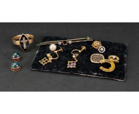 A collection Victorian and later gem-set jewellery, comprising: a green garnet and seed pearl-set stick pin; four further var