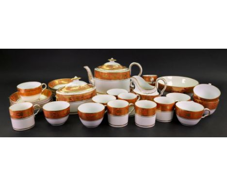 A Spode tea and coffee service, circa 1810, the burnt orange borders gilt with anthemion and foliate designs, comprising: tea