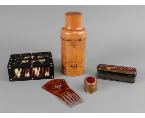 A Victorian cylindrical olivewood cased glass medicine bottle, with screw-off cover, labelled Godfrey and Cooke, 30 Conduit S