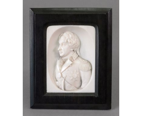 Admiral, Lord Nelson: Bust portrait in uniform facing to sinister, in a niche, carved ivory, 8 x 5.5cm, in rectangular ebony 