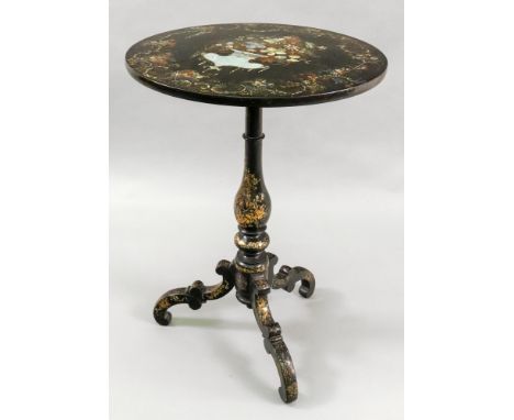 A Victorian black lacquer and mother of pearl inset pedestal table, with circular tilt-top, baluster turned pillar and tripod