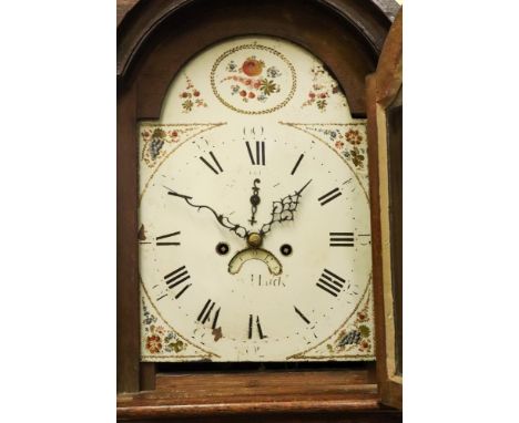 **Hardy; a George III oak longcase clock, with arched moulded hood, rounded pilasters, arched long trunk door, the 12" painte