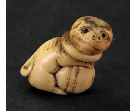 A bone netsuke, carved in the form of a dog wearing a collar and clasping a ball, 4cm high.